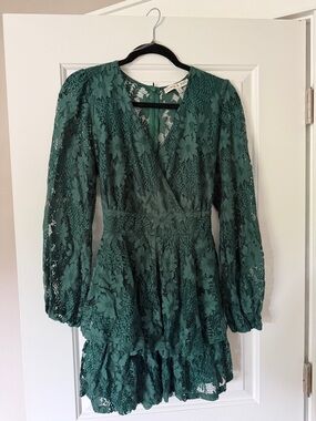 Emerald Green Lace Long Sleeve Wrap Dress